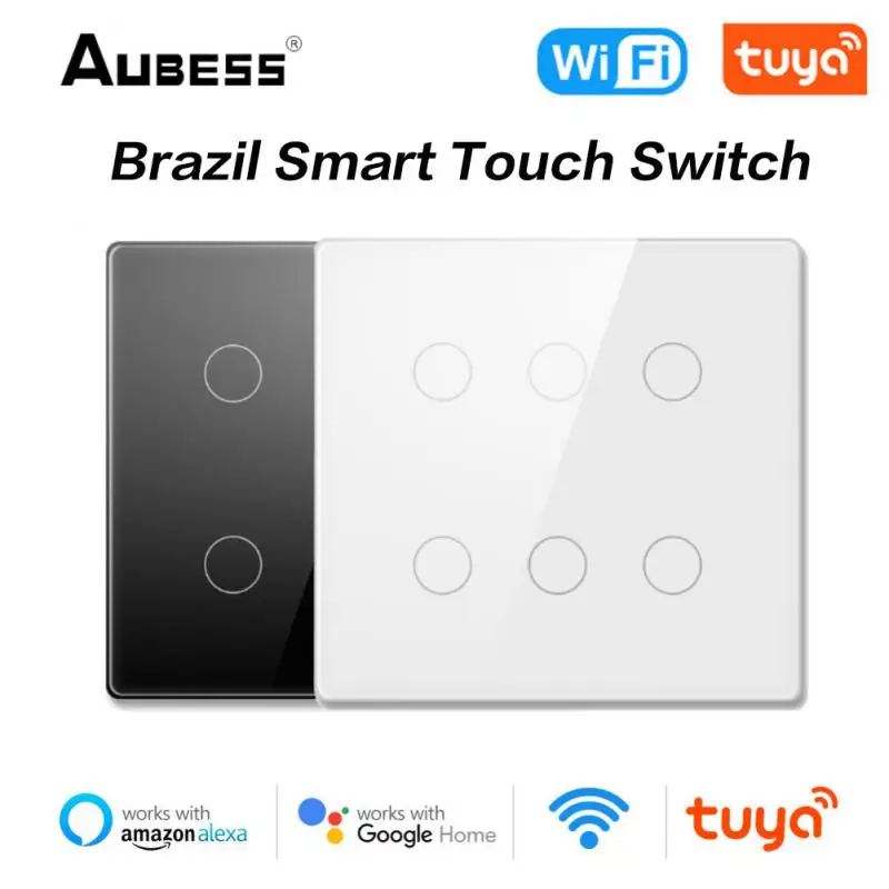 

Aubess Tuya Brazil 4x4 WiFi Wall Switch Touch-Sensor Smart Home Interruptor 4/6 Gang Light Switch Works With Alexa Google Home