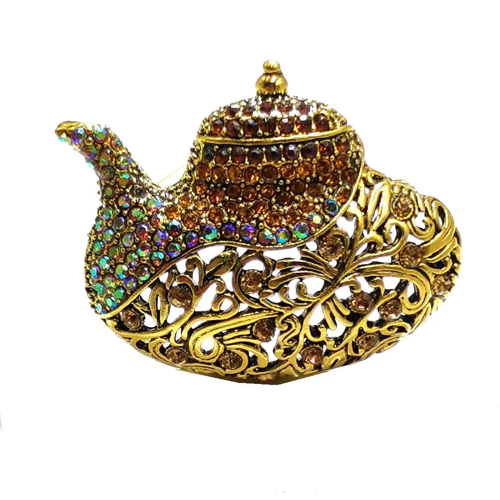 

Antique Gold Tone AB Crystal Accent Champagne Brown Teapot Brooch Pin Kettle Jewelry for Women Girl Mom Grandmother Costume Suit