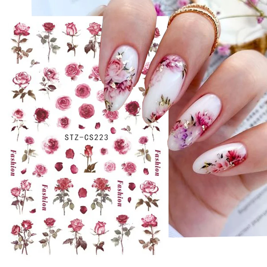 Rose 3D Nail Sticker Designs Botanical Floral Spring Nail Decorations Simple Red Ink Floral Adhesive Decals Slider Manicure