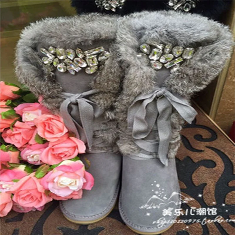 

Handmade custom sticky drilled fur one large size women's boots leather flat bottom high tube snow boots 35-40