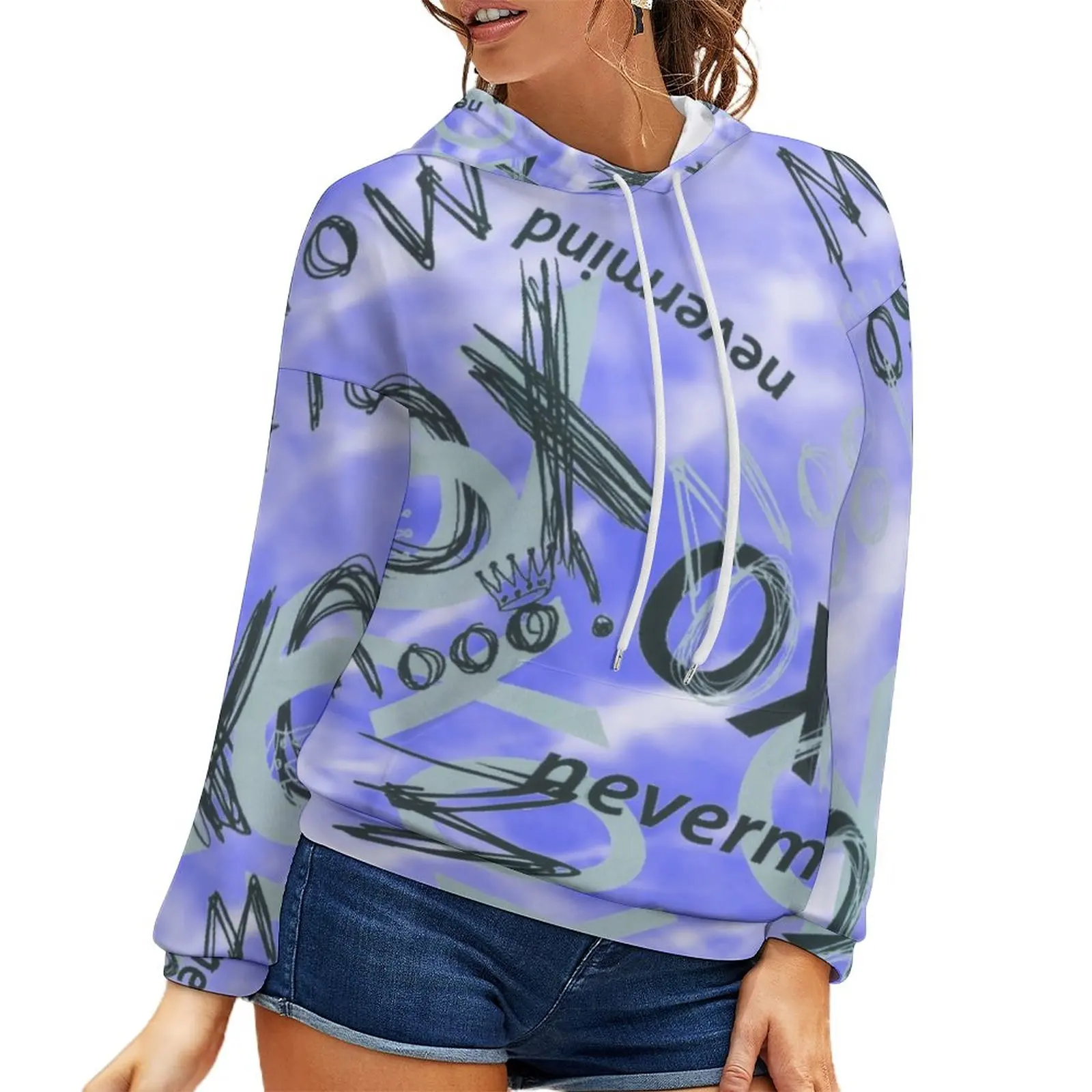 

Новинка 2022, весенне-осенний модный свитер с капюшоном и открытыми плечами в европейском и американском стиле с цифровым принтом граффити