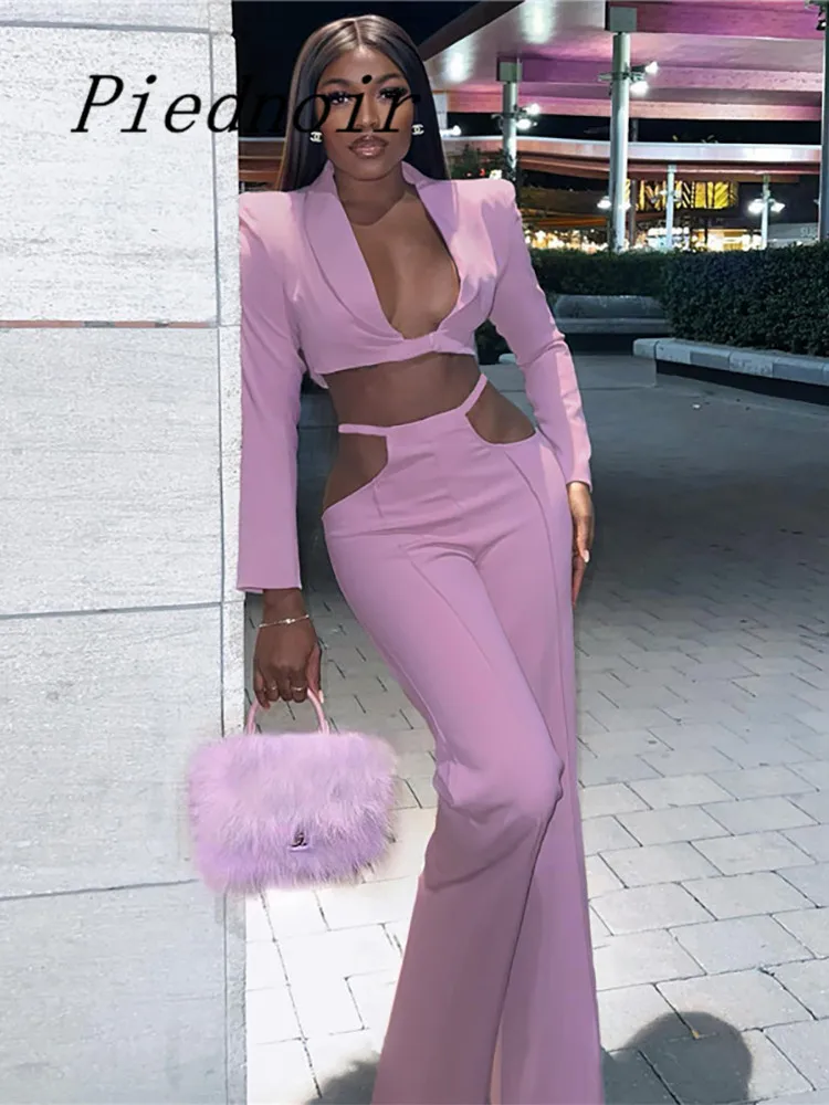 

Piednoir Two Piece Set Women Outfits High Waist Cut Out Pants And Long Sleeve Cropped Short Blazer Shirt Casual Y2K Suits
