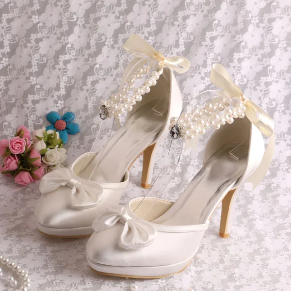 

High Heel Pearl Wedding Shoes Ankle Strap Ivory Satin Women Bridal Shoes Platform