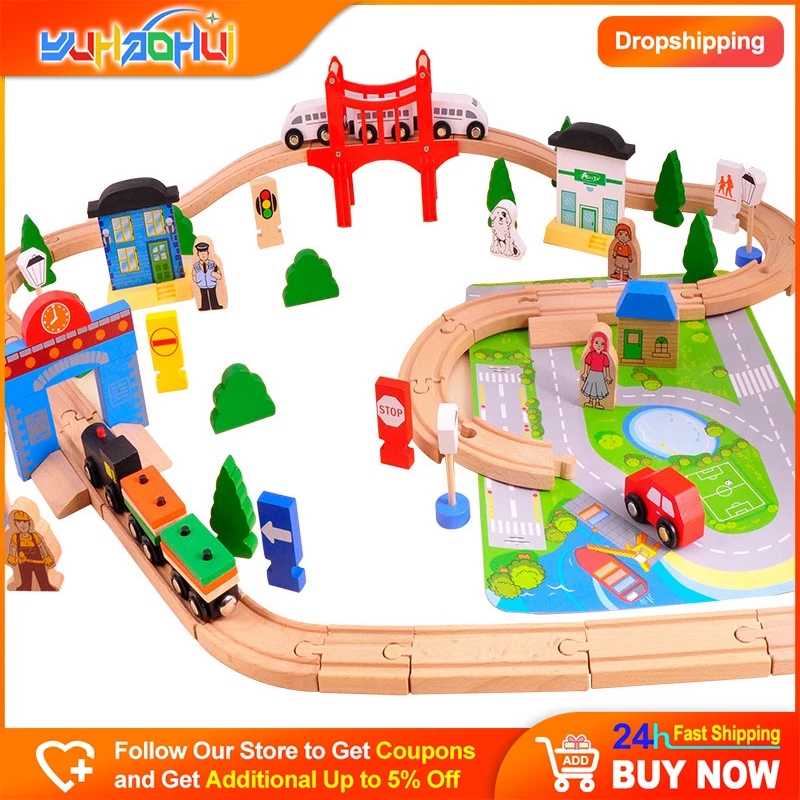 

Montessori DIY Children Enlightenment Educational Creative Small Train Wooden Toy Set 80PCS Of Track Accessories Kids Puzzle Toy