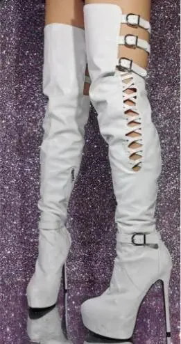 Sexy Women White Black Matte Leather 4 CM Platform Hollow Gladiator Buckles Stiletto Heels Over The Knee Thigh Long Boots Shoes