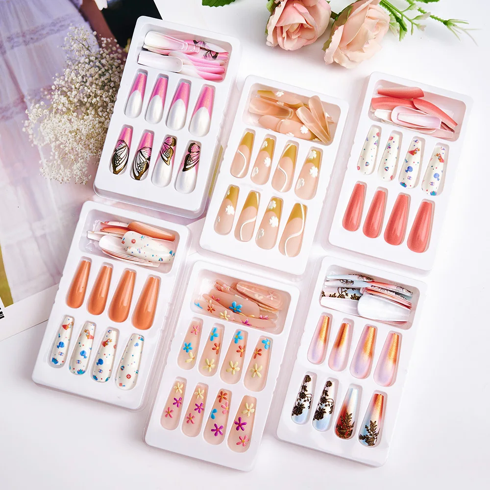 

24PCS Long Coffin False Nails Full Cover Detachable Wear Finished Fake Nails 3D Acrylic Ballerina Press on Nail Tips Manicure #@