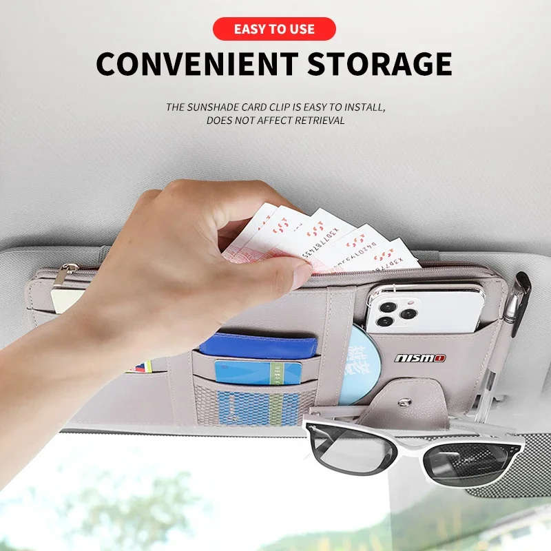 Car Sun Visor Organizer Storage Card Bag Sunglasses Clip For Nismo Emblem R34 GTR Nissan Tiida Sylphy Teana X-trail 1 2 Qashqa