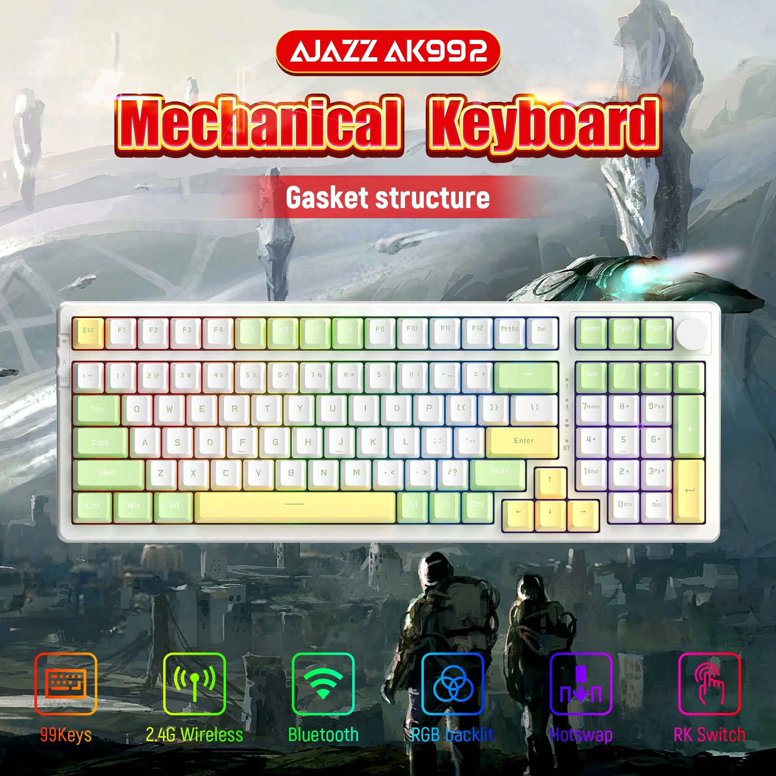 

AJAZZ AK992 Mechanical Keyboard 3 Connection Methods PBT Key Caps RGB Full Color Backlit DIY Shaft Replacement 99Keys and 1 Knob