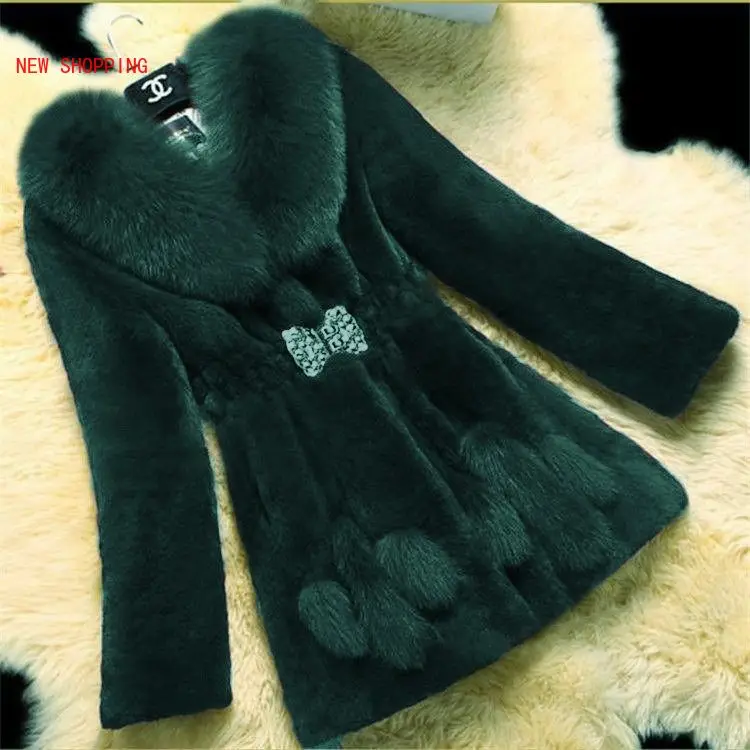 Soft Faux Fur Coat Women Slim Waist Diamond Button Plus Size Long Sleeve Turn-down Collar Winter Womens Rabbit Fur Jacket Warm