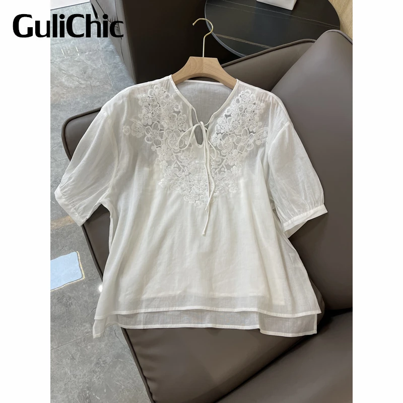 

3.27 GuliChic Fashion Ramie Heavy Industry Embroidery V-Neck Lace-Up Puff Sleeve With Lining Tank Top Blouse Women 2 Piece Set