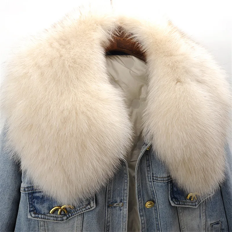 Зимняя хлопковая джинсовая куртка с большим лисьим меховым воротником женская