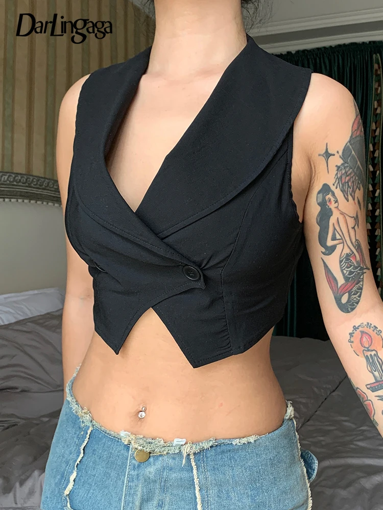 

Darlingaga Y2K Aesthetic Bodycon Black Cropped Tops Fashion Elegant Vest Jacket Short Buttons Up Party Tank Top Women Sleeveless