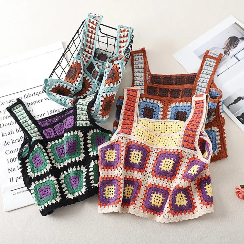 

Tank Top Sleeveless Square Neck Hollowed-out Ethnic Style Knitted Women Vest for Date