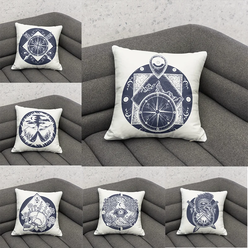 

High Quality Home Decoration Pillowcase Compass Printed Pattern Living Room Sofa Square Pillowcase Office Car Seat Soft Cushion
