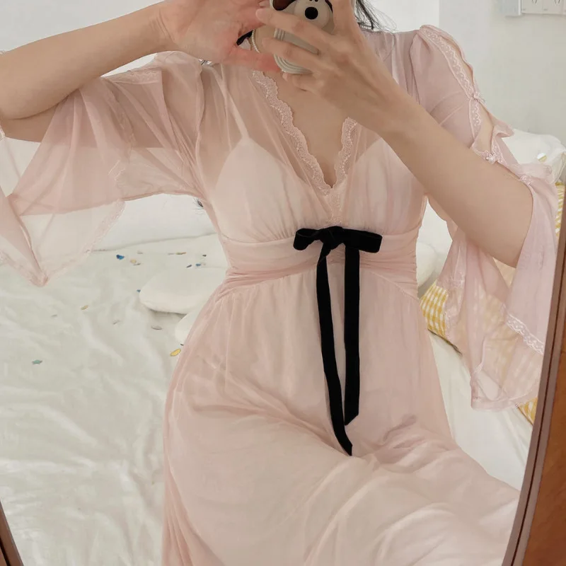 Elegant Mesh Perspective Female Long Nightgown Bathrobe Gown Nightdress Sleepwear Sexy Half Sleeve Nightwear Loose Home Wear