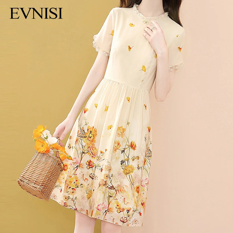 

EVNISI Yellow Printed Chiffon Dress Women 2022 Summer New Dresses Elegant Lace A-line Seaside Holiday Vestidos
