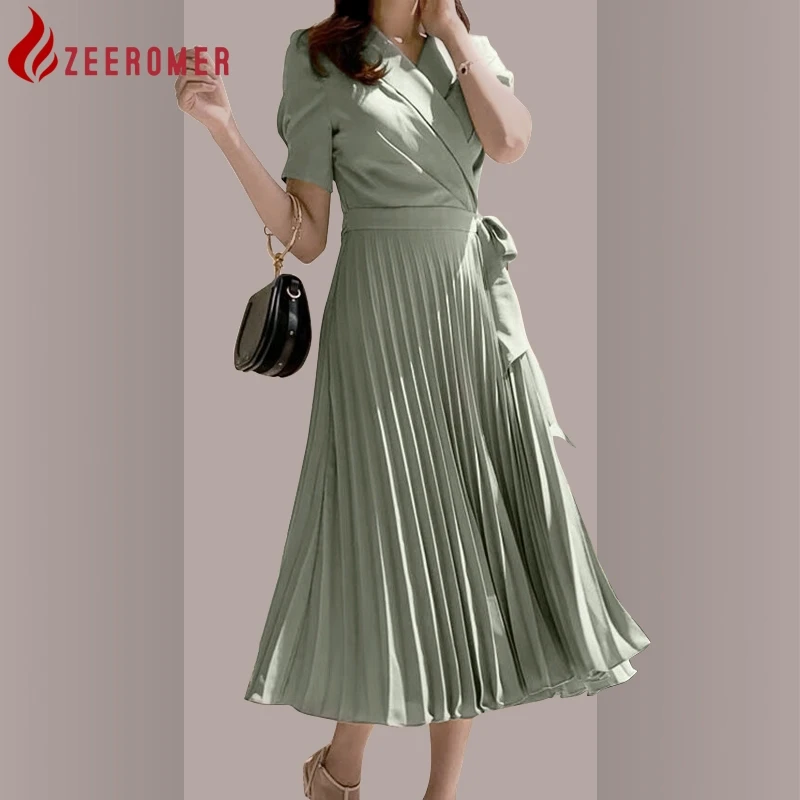 

Женское офисное платье-блейзер с коротким рукавом, со шнуровкой