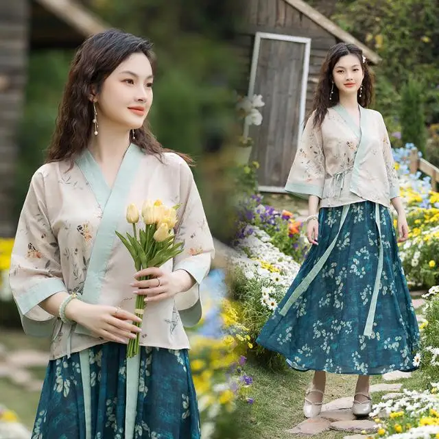 

2023 new ethnic style suit chinese style printing ancient style spring autumn women's dress two-piece tang suits blouse a645