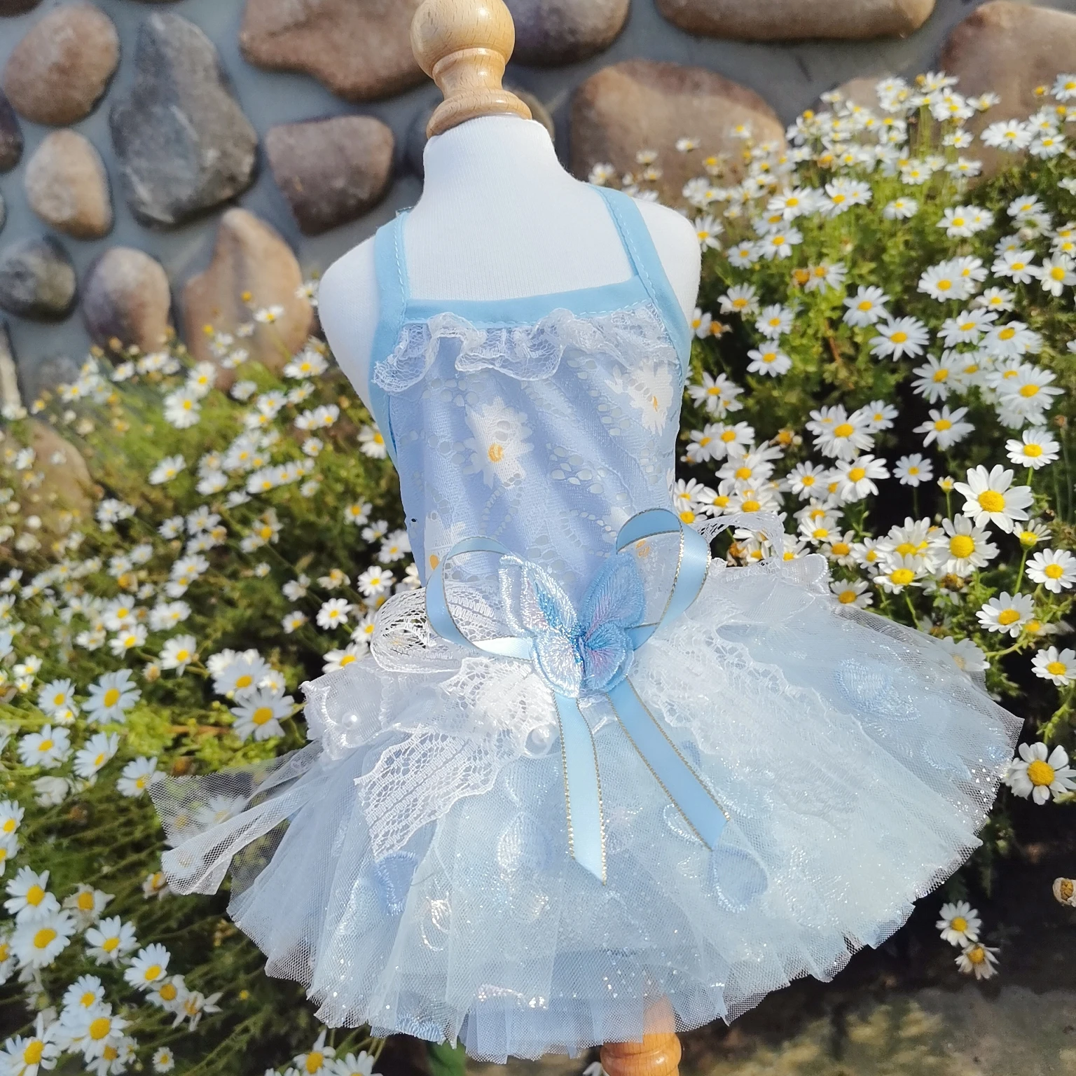

Flower Print Cotton Lace Pet Dog Clothes Sky Blue Embroidered Bow Tutu Princess Dress For Small Medium Dog Coats Puppy Clothing
