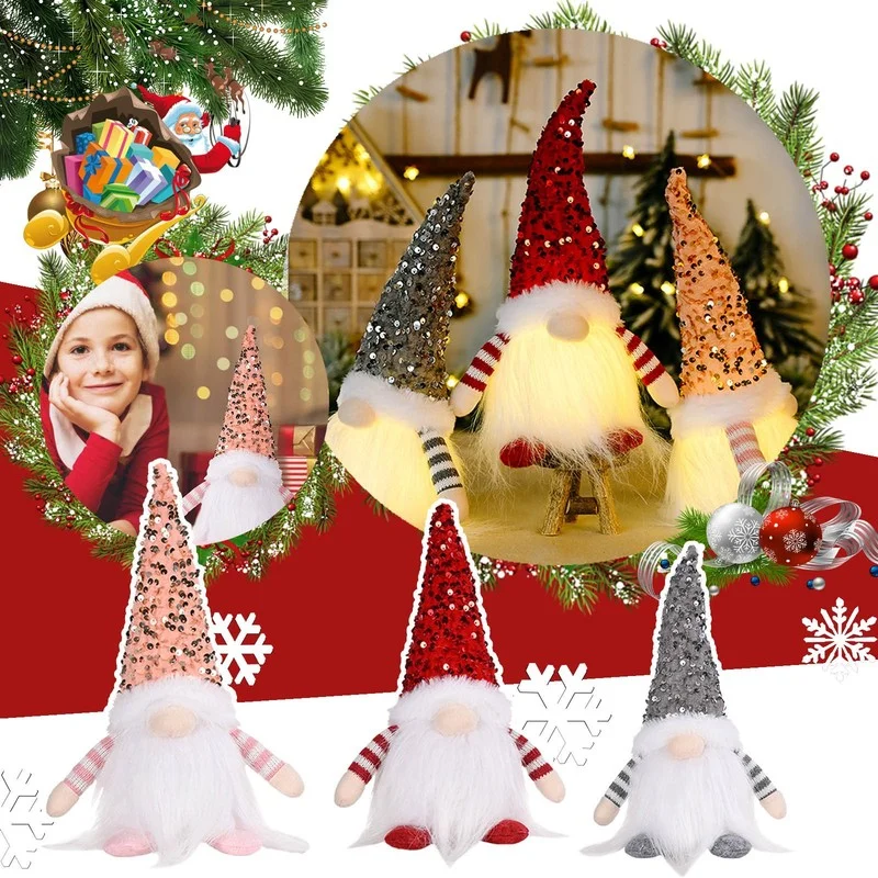 

New Christmas decoration Christmas sequins with lights Rudolph doll Christmas luminous faceless doll ornaments