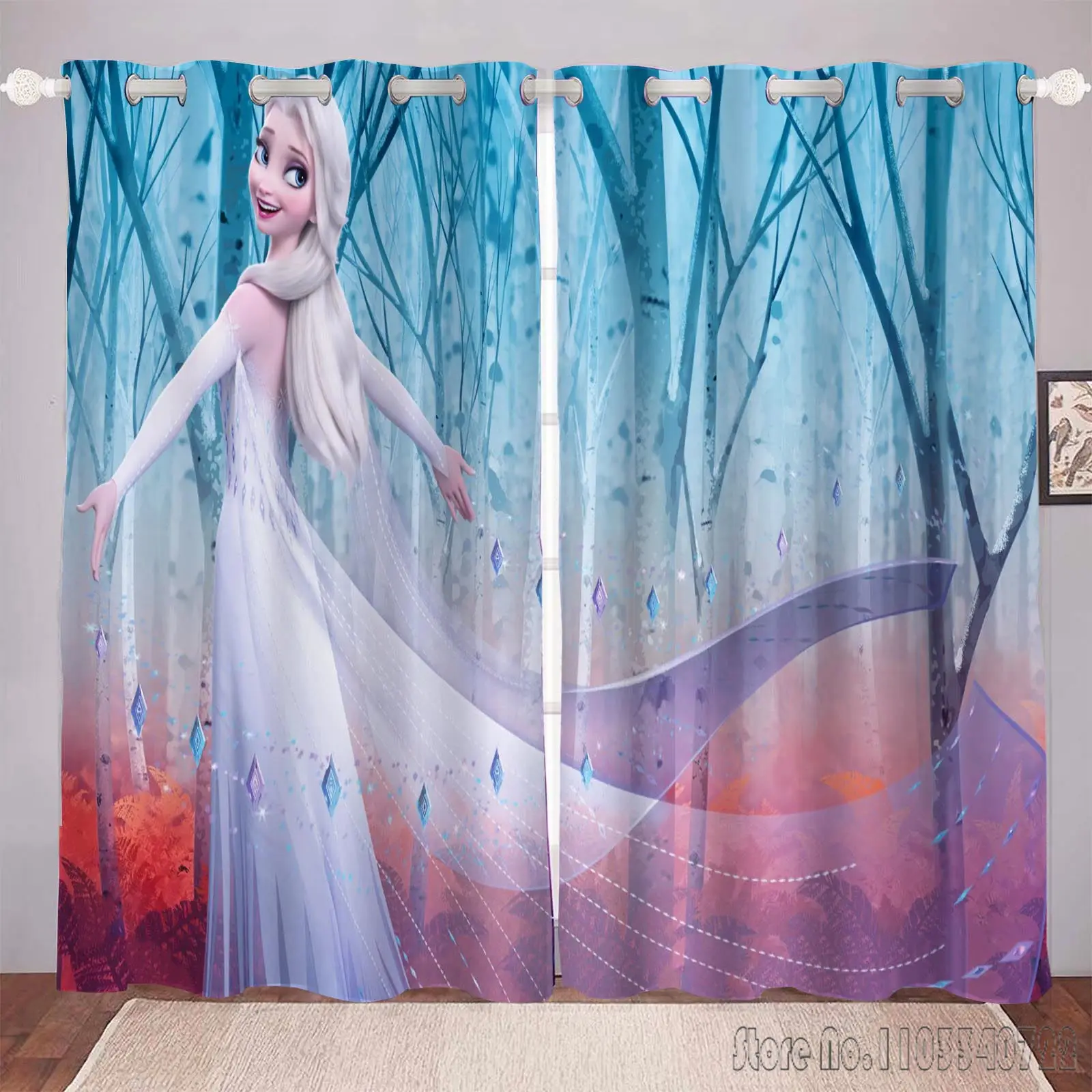 Frozen Princess Elsa and Aina Anime Curtains For Living Room Perforated Bedroom Blackout Suitable Balcony Screen Kitchen
