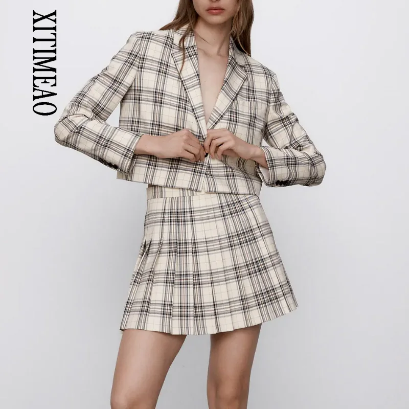 

XITIMEAOWomen's Suit Pleated Group Suit Plaid Short Casual Suit Jacket + High Waist Pleated Skirt College Youth Fashion Clothing