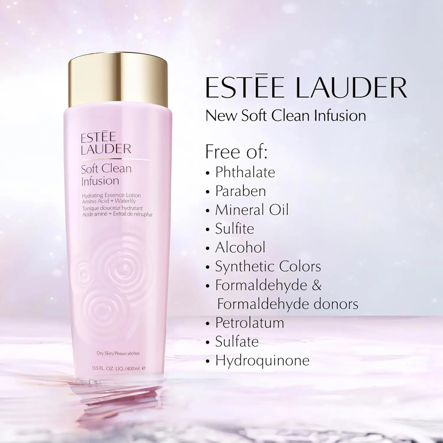 Фото Estée Lauder Soft Clean Infusion Увлажняющий лосьон для лица с эссенцией для кожи с аминокислотами + водной сливкой, 400 мл №1