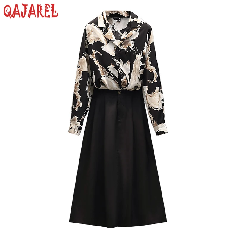 

Женский костюм с принтом, блузка с длинным рукавом и воротником-поло + черная юбка до локтя, комплект из двух предметов, Осень-зима 2023, корейские модные повседневные Костюмы