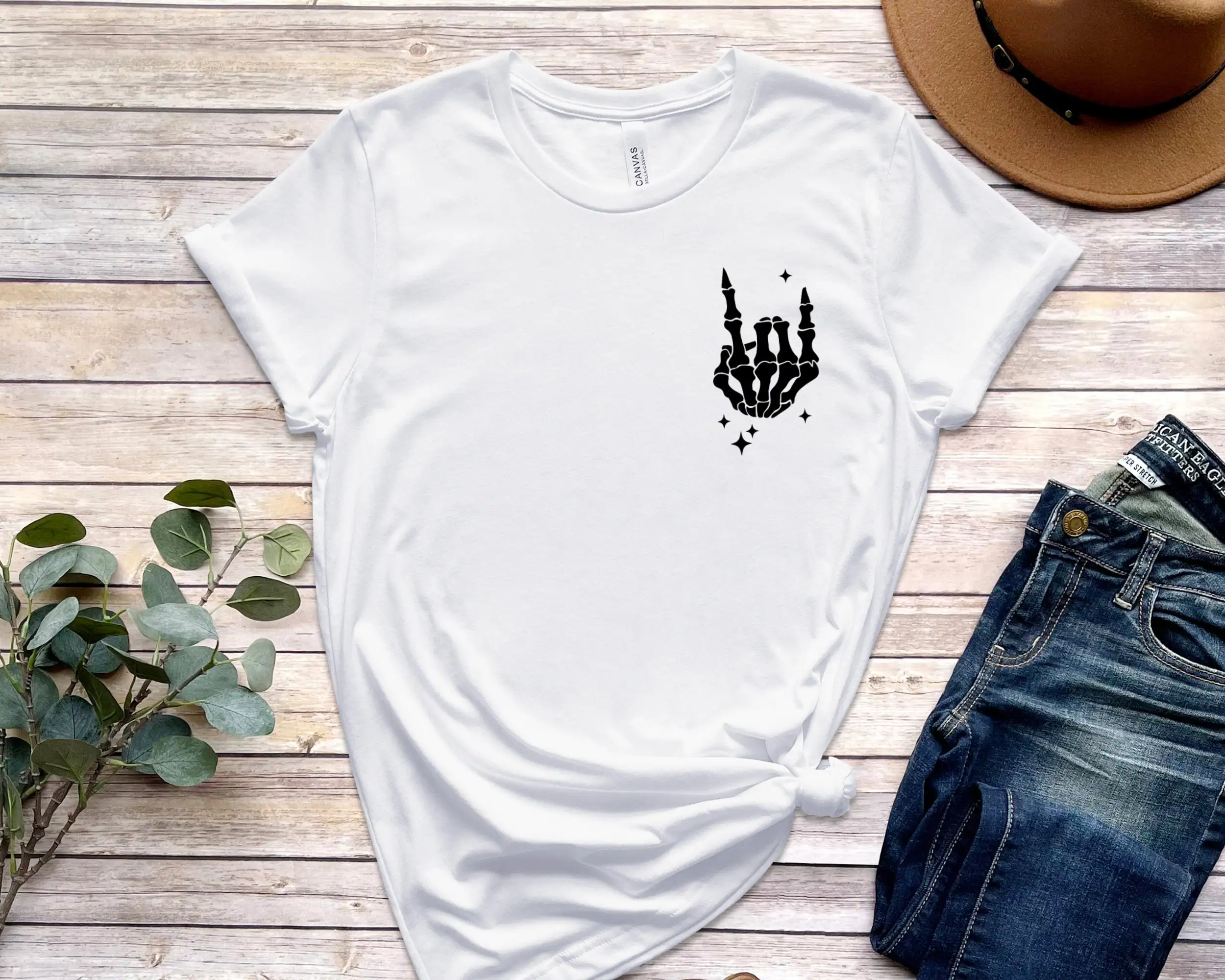 Скелет рок-н-ролл футболка Ручной знак N Винтажный стиль любимый