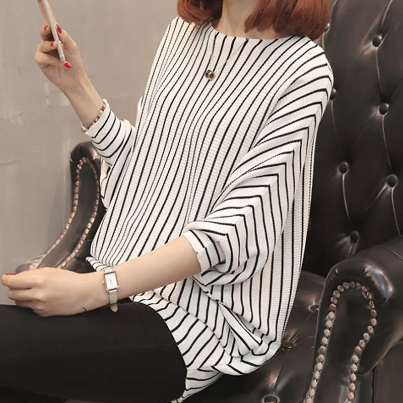 Пуловеры Элегантный Модный повседневный Длинный свободный топ в полоску с