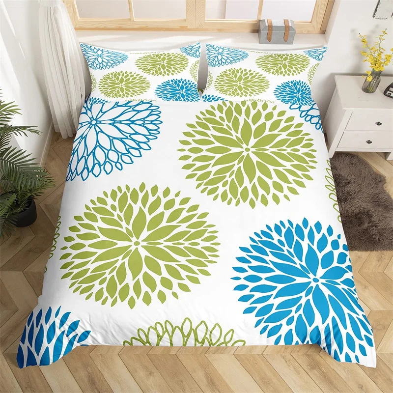 

Dahlia Bedding Set King Size Summer Geometric Floral Duvet Cover Microfiber Farmhouse Rustic Style Green Blue Flower Quilt Cover