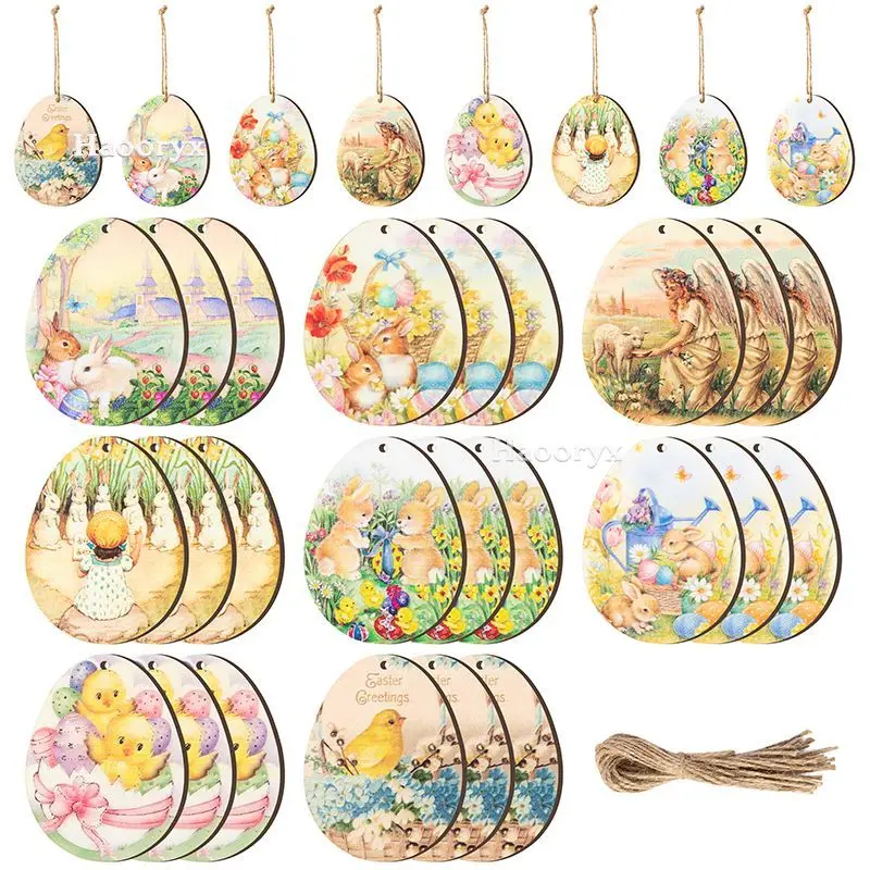 

Vintage Style Wooden Ornaments Easter Bunny Cute Egg Pendants Classical Hanging Tags Chips With Twine Ropes For Party Home Decor