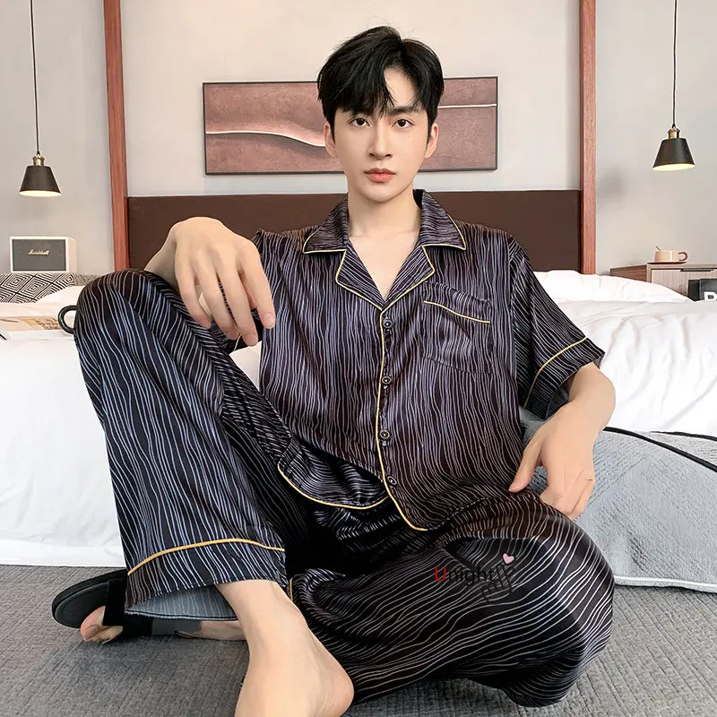 Spring Summer Man Pajama Sets Silk Sleepwear Pajamas for Men Plus Size Home Clothing Pyjamas Suit Home Wear Loungewear Homesuits