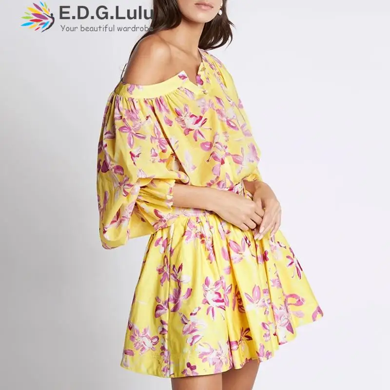 EDGLuLu Women Two Piece Outfits 2022 O Neck Single Breasted Printed Shirt Blouse+high Waist Mini Skirt Vacation 2 Piece Sets1202