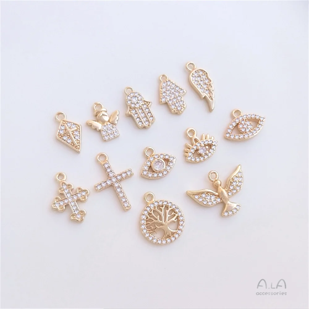 

Micro-set zirconia small charm series 14K clad gold angel eyes palm cross wings jewelry pendant