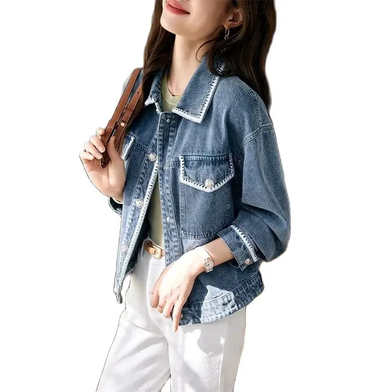 Джинсовая куртка женская новая модная вечная на весну и осень 2024 пальто с лентой