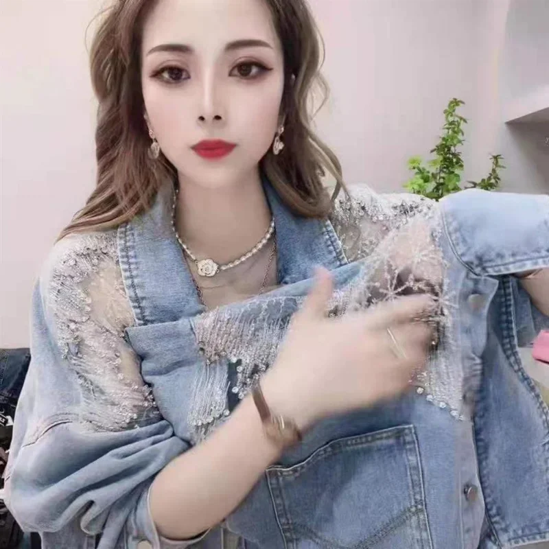 Короткая укороченная джинсовая куртка с блестками 2025 модная маленькая со