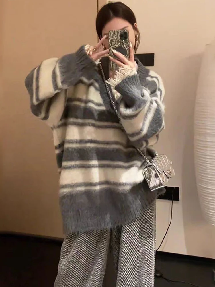 Мягкий клеевой пуловер с v-образным вырезом в полоску женский свитер 2024 новый