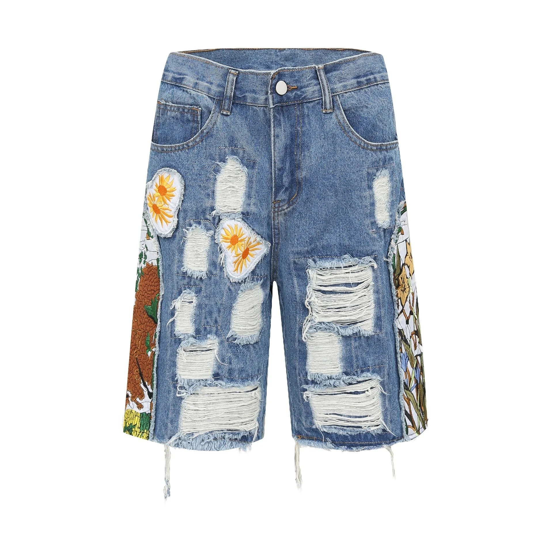 

Y2K винтажные мужские джинсы с цветочной вышивкой и рваными дырами, летние шорты Харадзюку, мешковатые джинсовые шорты, размера плюс джинсы