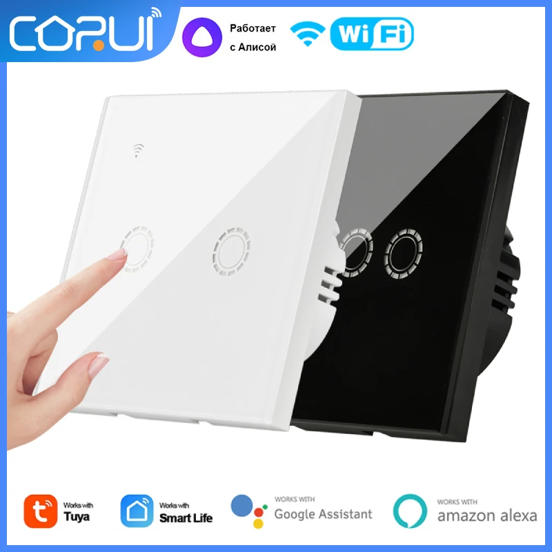 

CoRui TUYA EU WiFi Smart Touch Switch 1/2/3 Gang Switches 90-250V Wall Panel Button Voice Control Via Google Alexa Yandex Alice