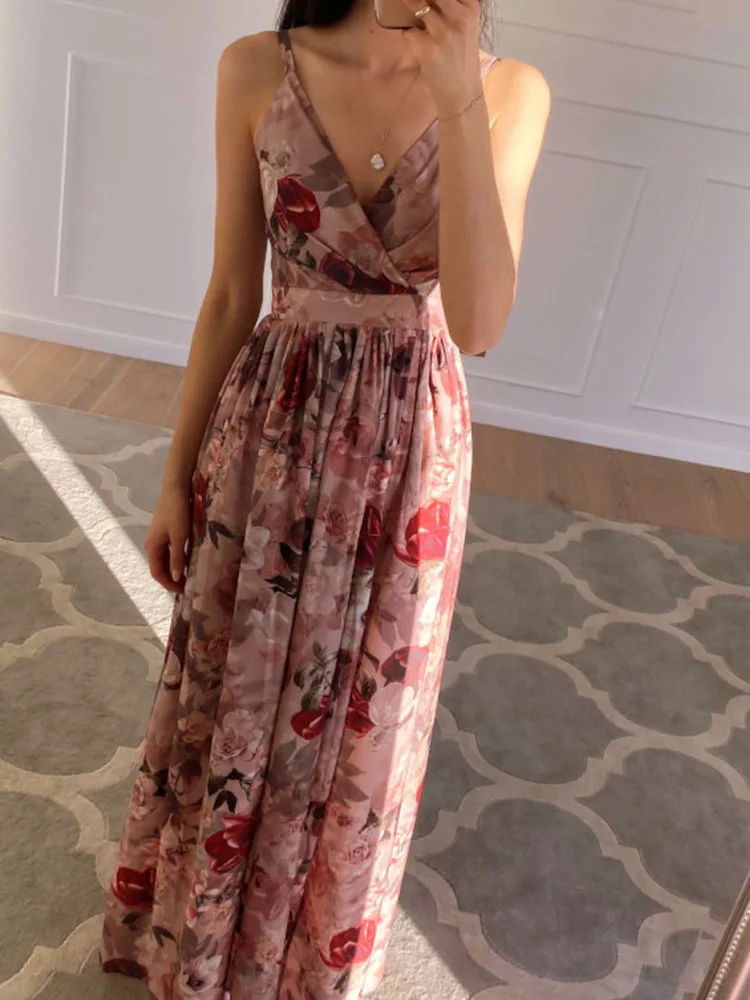 

Summer Fashion Waist High Slit Party Sling Dress Sexy V Neck Floral Printed Sleeveless Dress Women Fashion Boho Beach Long Dress