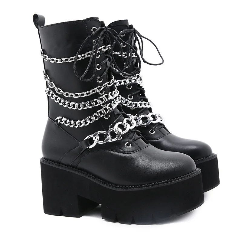 

Женские кожаные ботинки на высоком каблуке, с металлической цепочкой