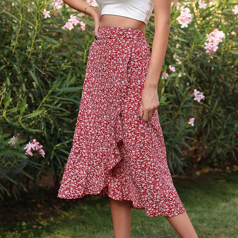 

2023 Summer New European and American Fashion Style Commuter Women's Fragmented Flower Wine Red Printing Irregular Half skirt