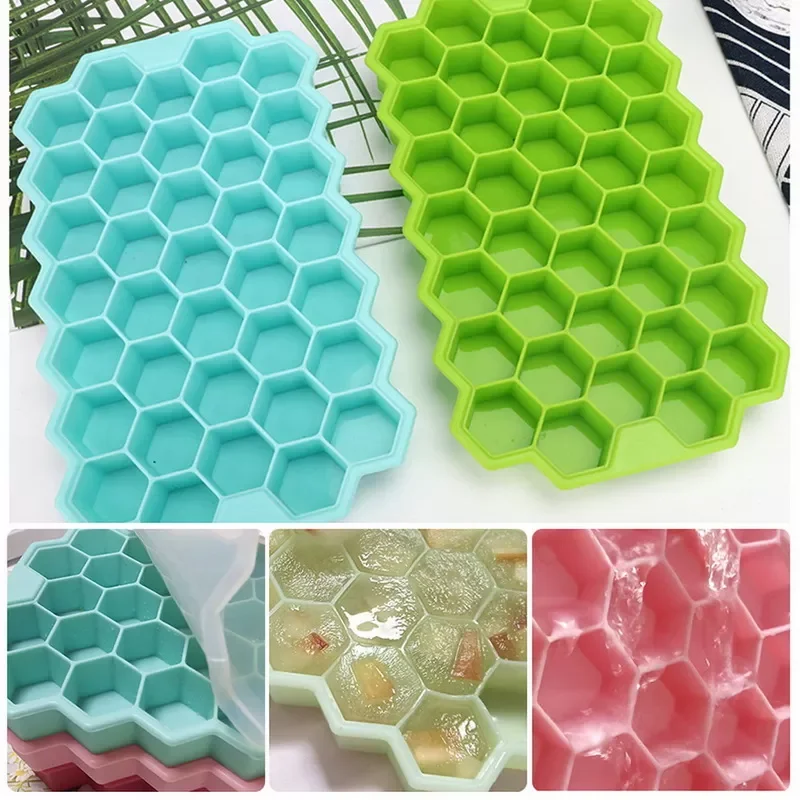 

37 Cavity Honeycomb Ice Cube Maker with Removable Lids Ice Cube Mold Food Grade Flexible Silicone Ice Tray for Whiskey Cocktail