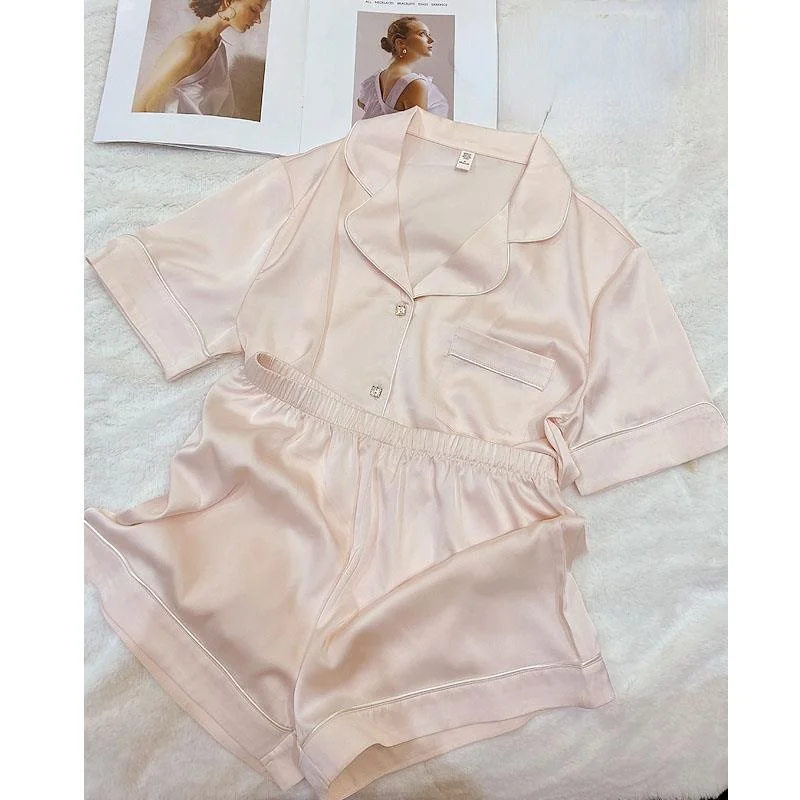 QWEEK Silk Pajamas for Women Two Piece Set Summer Satin Pyjamamas Square Diamond Buttons Solid Color Pijamas Sleepwear Nightwear