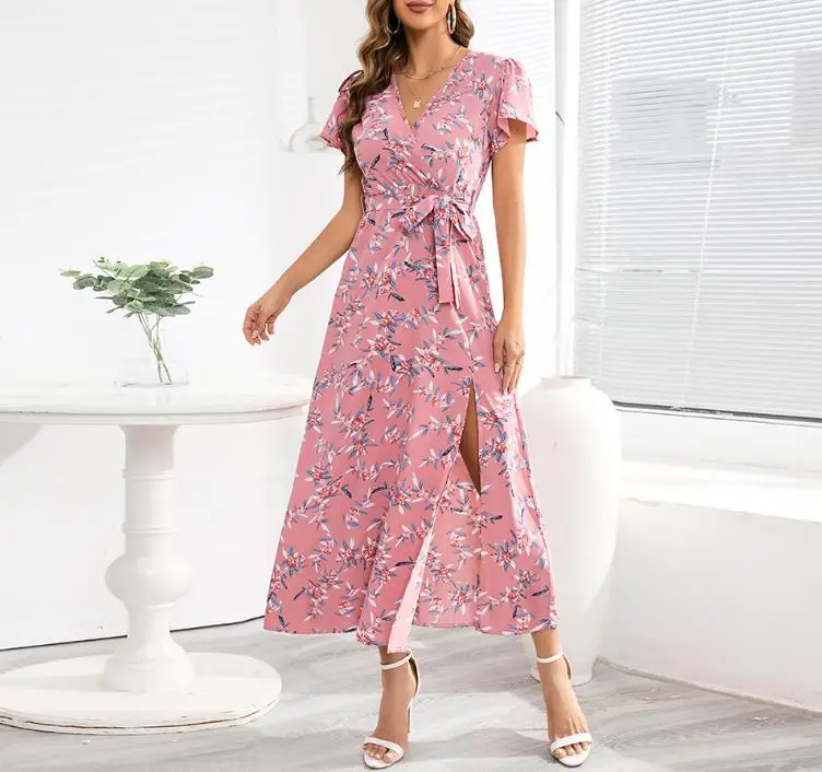 

Elegant Dresses for Women 2023 Summer New Casual Fashion Sexy Bohemian V-Neck Floral Split Skirt Beach Vacation with Belt