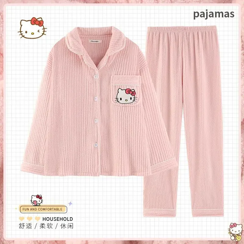 

Новинка Sanrio hellokitty Kuromi Мультяшные милые плюшевые Простые Модные пижамы для женщин зимние Утепленные теплые домашние комплекты одежды