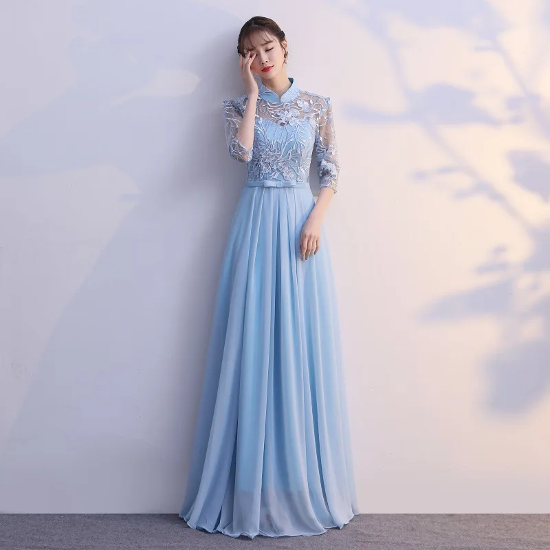 

Hollow Out Lace Women Chiffon Evening Dress Floor-Length Banquet Evening Dresses Stand Collar Qipao Pleated Dresses Chorus Skirt
