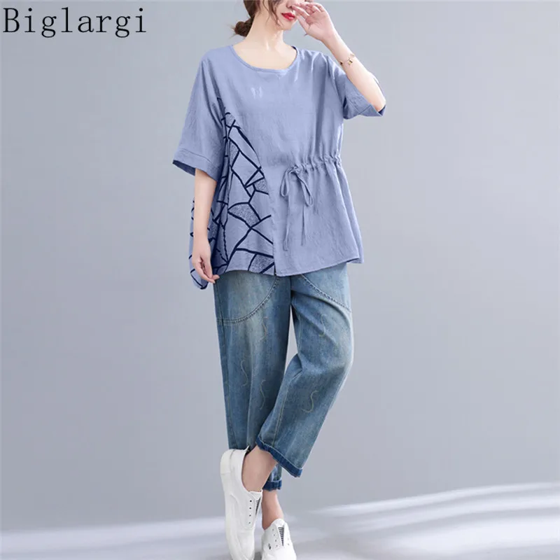 

Oversized Summer Women T Shirt Womens Casual Tshirt T-Shirt Korean Cotton Vintage Drawstring Floral Tshirt Women Shirt Elegant