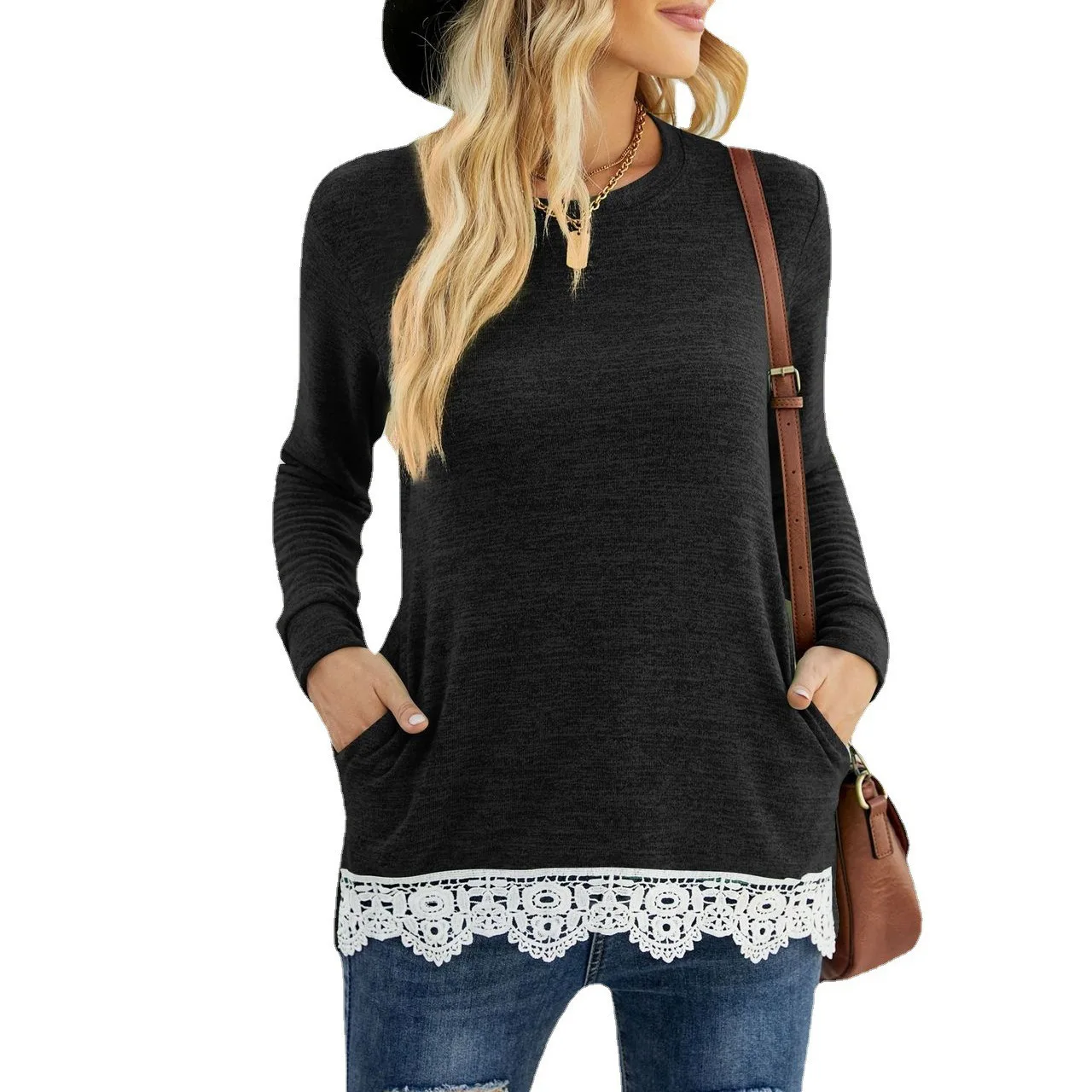 

T-shirt for Women Autumn and Winter Fashion Round Collar Loose Casual Pullover Pocket Lace Splicing Blouse